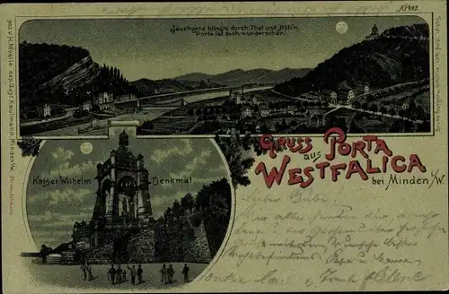 Mondschein Litho Porta Westfalica in Nordrhein Westfalen, Kaiser Wilhelm Denkmal, Panoramaansicht 