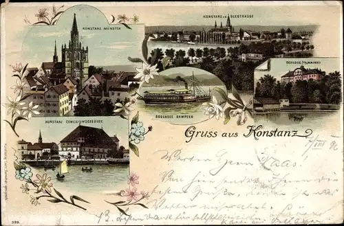 Litho Konstanz am Bodensee, Münster, Konzilgebäude, Dampfer, Schloss Mainau 