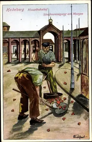 Künstler Ak Heidelberg am Neckar, Hauptbahnhof, Straßenreinigung am Morgen, Herzen