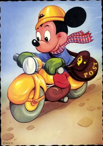 Ak Micky Maus als Briefträger auf Motorrad, Kinder Post, Micky Maus
