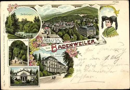 Litho Badenweiler am Schwarzwald, Marmorbad, Hotel Sommer, Parkanlagen, Frau in Volkstracht