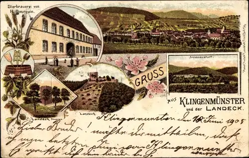 Litho Klingenmünster Rheinland Pfalz, Bierbrauerei H. Bourquin, Landeck, Irrenanstalt