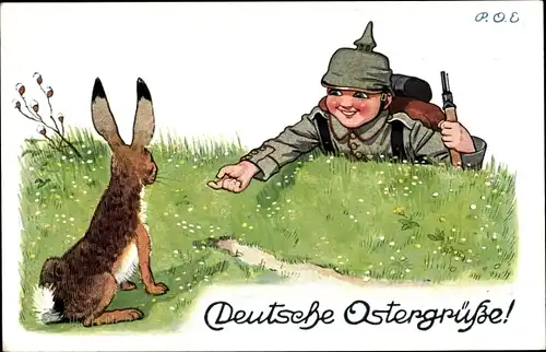 Künstler Ak Engelhard, P.O.E., Glückwunsch Ostern, Osterhase, Soldat