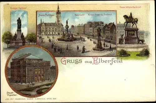 Litho Elberfeld Wuppertal, Kriegerdenkmal, Stadttheater, Neumarkt, Kaiser Wilhelm Denkmal