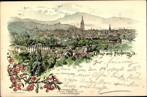 Künstler Litho Freiburg im Breisgau, Hebsack, Stadtpanorama