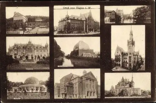 Ak Hagen in Westfalen, Stadthalle, Rathaus, Parkhaus, Stadttheater, Crematorium, Oberrealschule