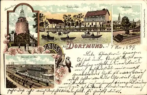 Litho Dortmund im Ruhrgebiet, Bahnhof, Buschmühle, Steinerner Turm, Vehmlinde