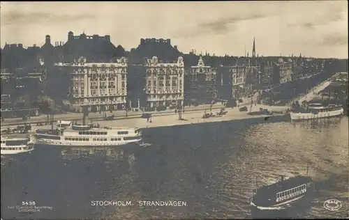 Ak Stockholm Schweden, Strandvagen, Dampfschiffe, Häuser, Dampfer Djurgaarden 1