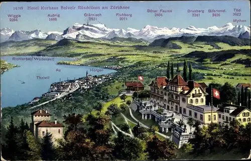 Ak Rüschlikon Kt. Züric, Hotel Belvoir Rüschlikon, Zürichsee, Bergkette, Horgen, Thalwil, Wädenswil