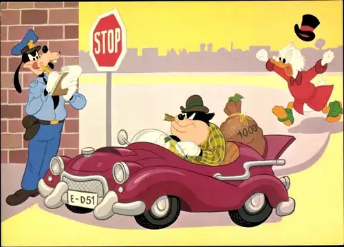 Künstler Ak Disney, Kater Karlo, Auto, Geldsack, Goofy als Polizist, Dagobert Duck