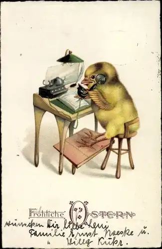 Ak Glückwunsch Ostern, Vermenschlichtes Küken am Telefon