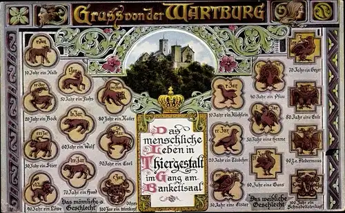 Ak Lutherstadt Eisenach in Thüringen, Wartburg, Das menschl. Leben in Tiergestalt, Bankettsaal