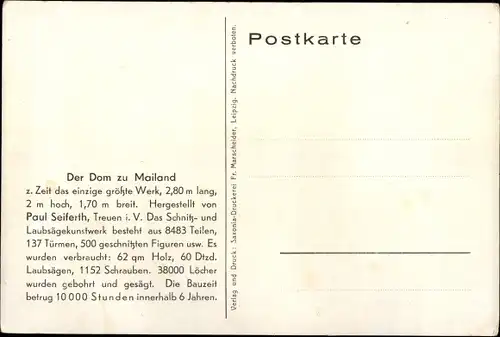 Ak Der Dom zu Mailand, Erbauer Paul Seiferth aus Treuen Vogtland