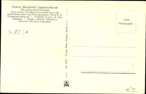 Ak Zinnwald Georgenfeld Altenberg im Erzgebirge, Lugstein Baude im Winter