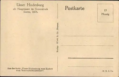 Ak Generalfeldmarschall Paul von Hindenburg, Portrait v. 1878, vom Kadett zum Generalfeldmarschall
