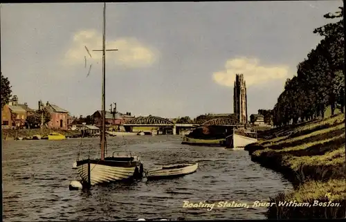 Ak Boston Massachusetts USA, Boating Station, River Witham, sailboat, bridge, cathedral