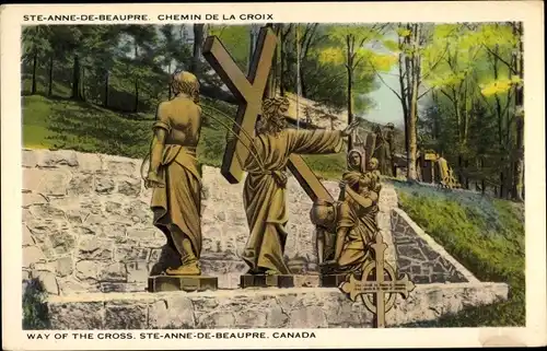Ak Sainte Anne de Beaupré Québec Kanada, Way of the Cross, statues, trees
