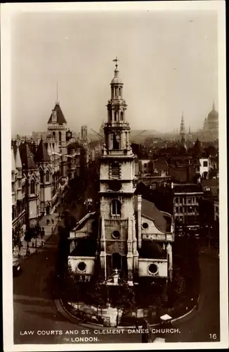 Ak London City, partial view of the city, Law courts and St. Clement Danes Church, pedestrians