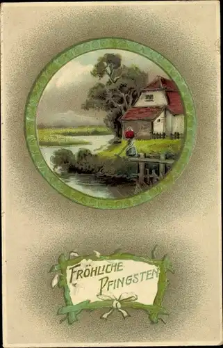 Passepartout Präge Litho Glückwunsch Pfingsten, Frau am Flussufer, Haus