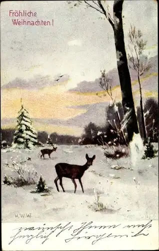 Künstler Ak Glückwunsch Weihnachten, Rehe, Winterlandschaft