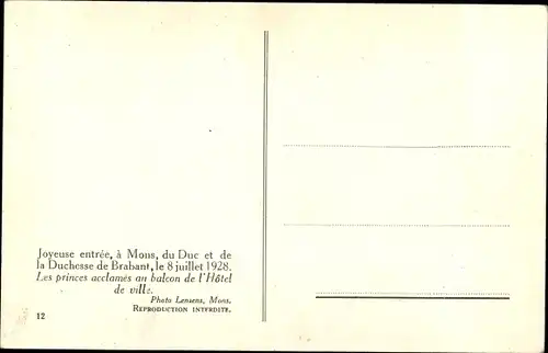 Ak Mons Wallonien Hennegau, le Duc et la Duchesse de Brabant, balcon de l'Hôtel de ville, 8.7.1928