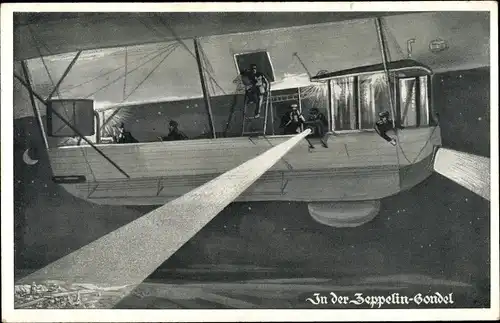 Künstler Ak In der Zeppelin Gondel, Scheinwerfer