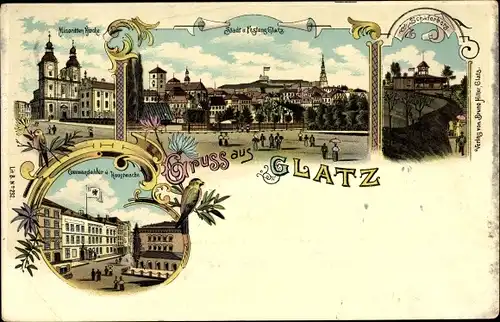 Litho Kłodzko Glatz Schlesien, Minoritenkirche, Kommandantur, Hauptwache, Schäferberg