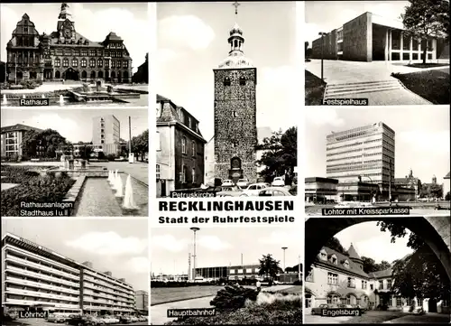 Ak Recklinghausen im Ruhrgebiet, Rathaus, Petruskirche, Festspielhaus, Hauptbahnhof, Engelsburg