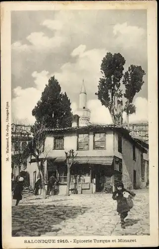 Ak Thessaloniki Griechenland, Épicerie Turque et Minaret