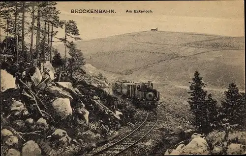 Ak Brocken Nationalpark Harz, Brockenbahn am Eckerloch, Dampflok