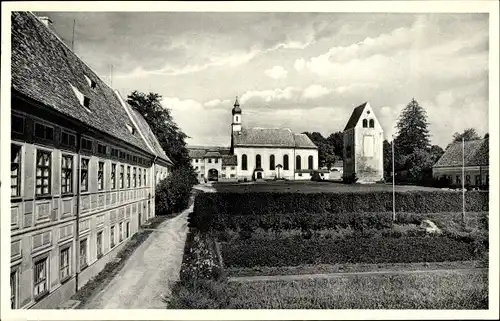 Ak Wessobrunn in Oberbayern, Kloster, Außenansicht, Pfarrkirche, Römerturm, Gartenanlage