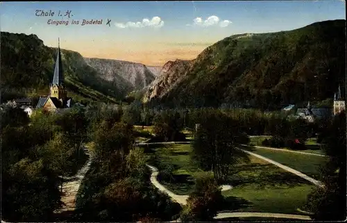 Ak Thale im Harz, Bodetal, Kirche, Wald, Berge