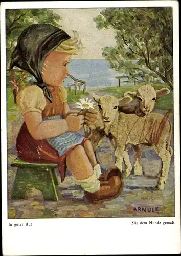 Künstler Ak Arnulf, In guter Hut, Mädchen, Schafe, Mit dem Munde gemalt