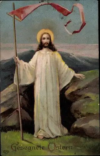 Präge Ak Glückwunsch Ostern, Jesus mit Fahne, EAS