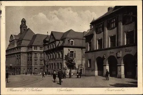 Ak Plauen im Vogtland, Sparkasse, Rathaus, Feuerwache, Fußgänger