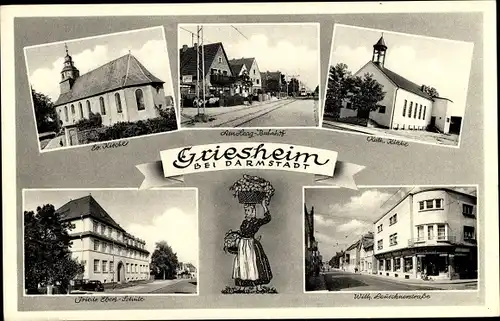 Ak Griesheim in Hessen, Kirche, Friedrich Ebert Schule, Bahnhof, Wilhelm Leuschner Straße