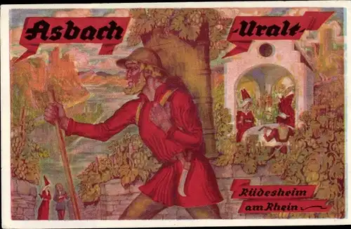 Künstler Ak Rüdesheim am Rhein in Hessen, Reklame für Asbach Uralt