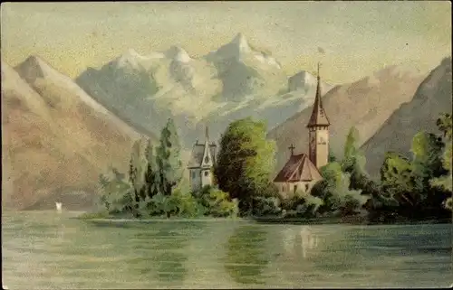 Künstler Ak Österreich, Kirche, Insel, Alpen