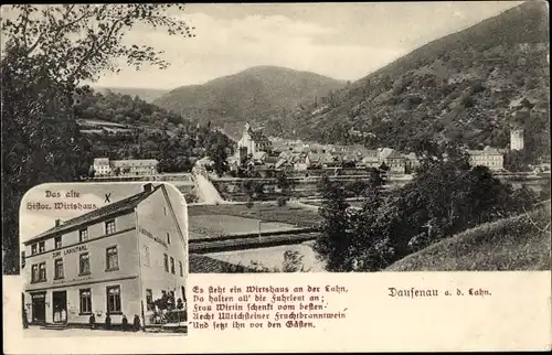 Ak Dausenau an der Lahn in Rheinland Pfalz, Ortsansicht mit alten historischen Wirtshaus