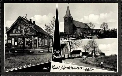 Ak Mentzhausen Jade in Niedersachsen, Kirche, Gemischtwaren Bruns