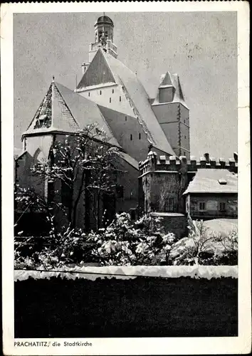 Ak Prachatice Prachatitz Südböhmen, Stadtkirche, Schneelandschaft