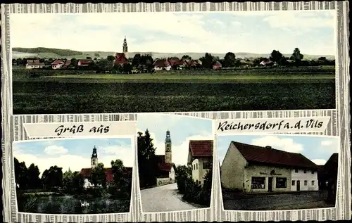 Ak Reichersdorf Vilsheim Niederbayern, Teilansicht vom Ort, Kirche, Bäckerei W. Obermeier