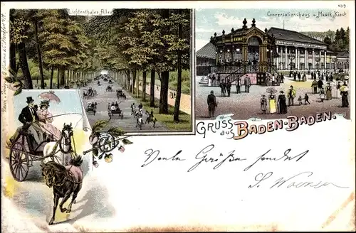 Litho Baden Baden am Schwarzwald, Lichtentaler Allee, Conversationshaus, Musik Kiosk
