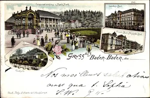 Litho Baden Baden am Schwarzwald, Konversationshaus, Musik Kiosk, Landesbad, Trinkhalle