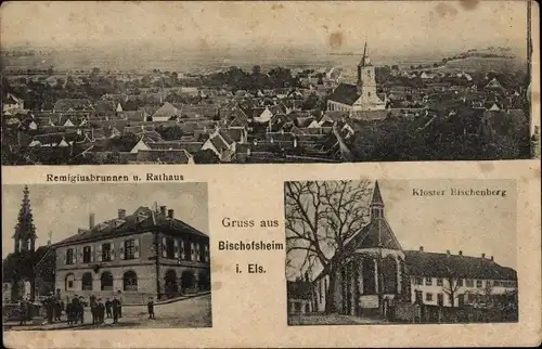 Ak Bischoffsheim Bischofsheim Elsass Bas Rhin, Remigiusbrunnen, Rathaus, Kloster Bischenberg