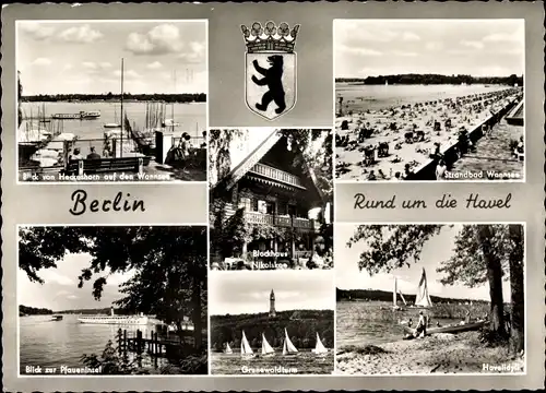 Ak Berlin Zehlendorf Wannsee, Heckeshorn, Strandbad, Blockhaus Nikolskoe, Pfaueninsel, Grunewaldturm