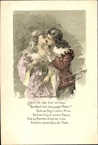 Präge Litho Der erste Kuss, Liebespaar, Trompeter von Säckingen