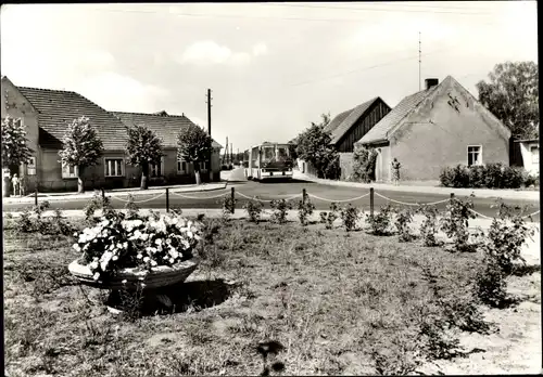 Ak Lamsfeld Schwielochsee Brandenburg, Teilansicht vom Ort, Linienbus, Blumenschale