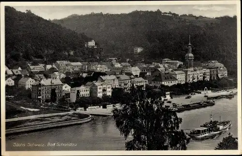 Ak Bad Schandau an der Elbe, Teilansicht vom Ort, Kirche, Wald, Elbdampfer