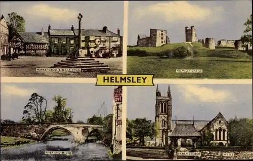 Ak Helmsley Yorkshire England, Market Cross, Black Swan, Castle, Parish Church, River, Bridge